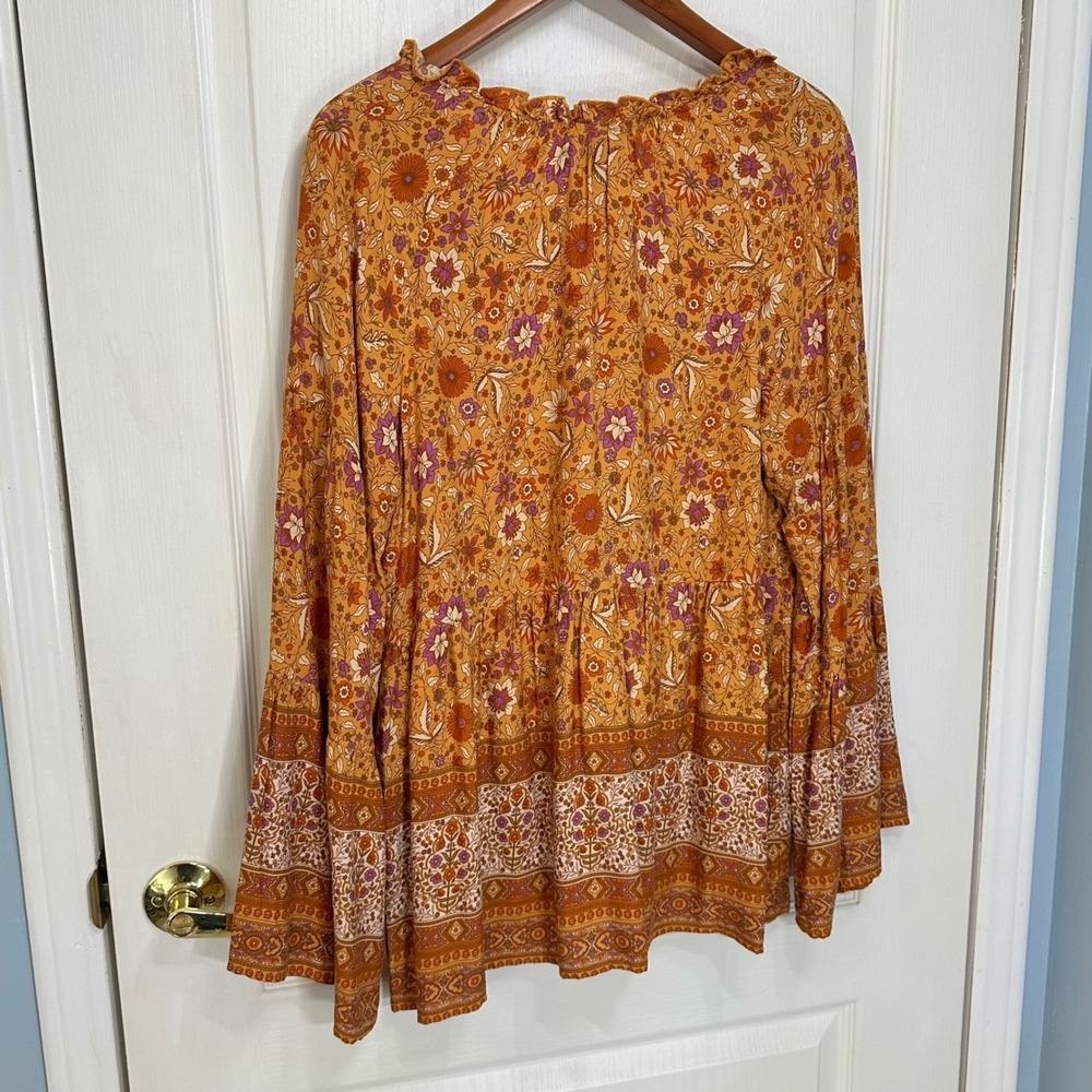 GIGIO USA Orange Floral Boho Bell Sleeve Tassel Babydoll Tunic Top Medium NWT - Picture 5 of 9